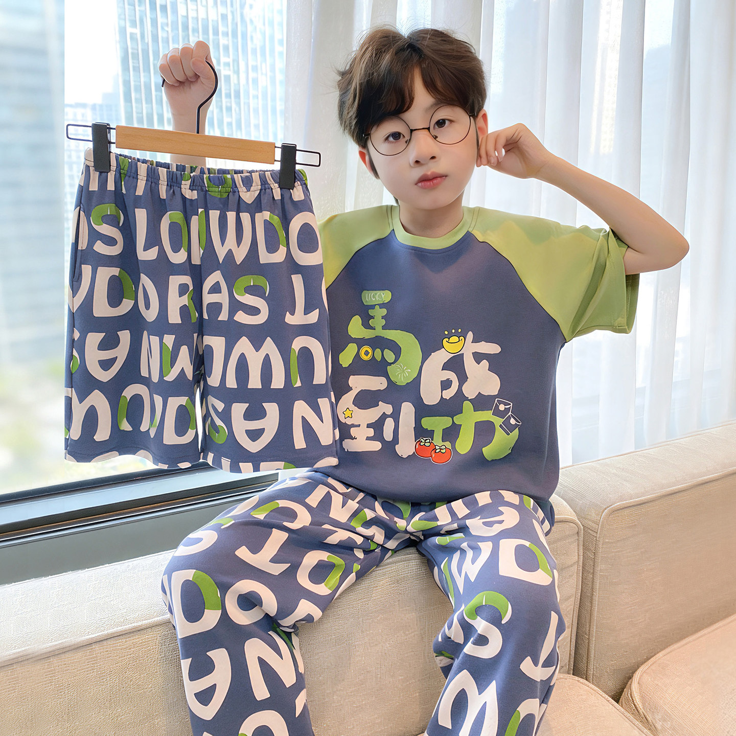 儿童新款睡衣夏季款男童短袖纯棉三件套可爱休闲中大童家居服套装