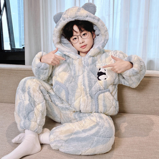 男童睡衣冬季加厚三层夹棉新款中大童珊瑚绒男孩家居服套装可外穿