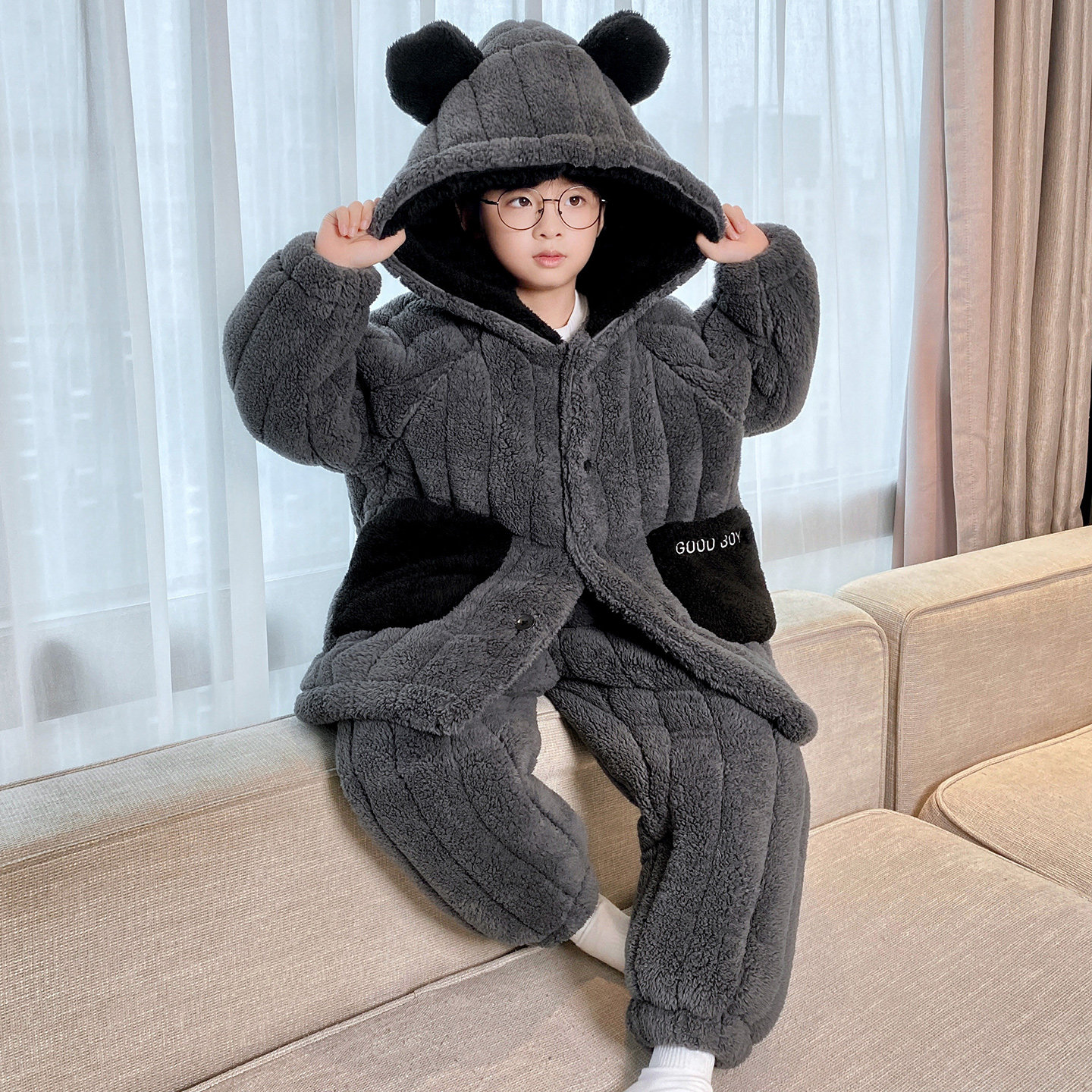 男童睡衣三层夹棉加厚睡袍新款珊瑚绒男孩中长款家居服套装可外穿