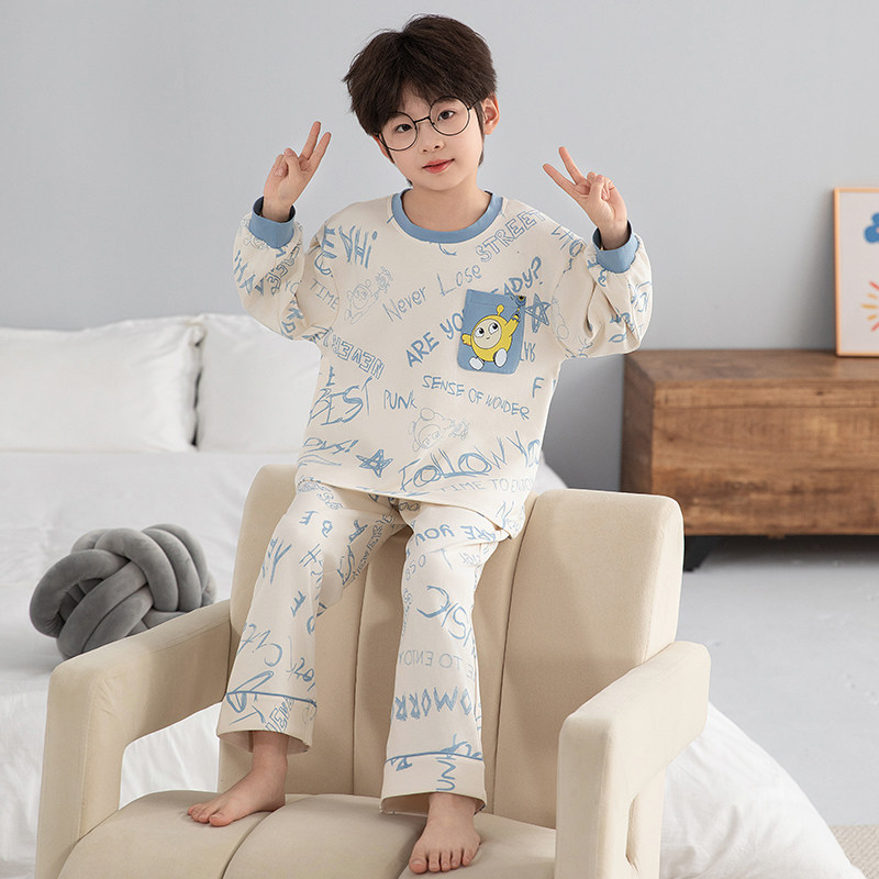 纯棉男童睡衣圆领春秋季新款中大童男孩长袖款蛋仔套头家居服套装