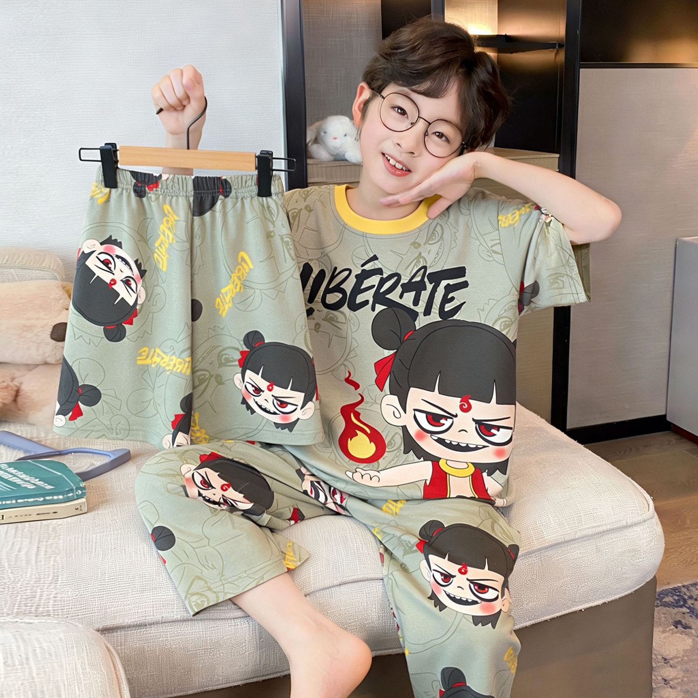 儿童新款睡衣三件套夏天男童短袖纯棉薄款哪吒小中大童家居服套装