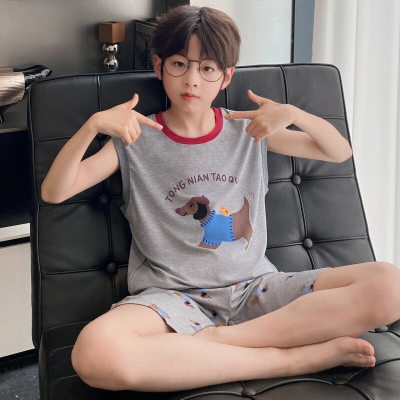 儿童睡衣男童夏季背心套装无袖莫代尔空调服薄款卡通中大童家居服