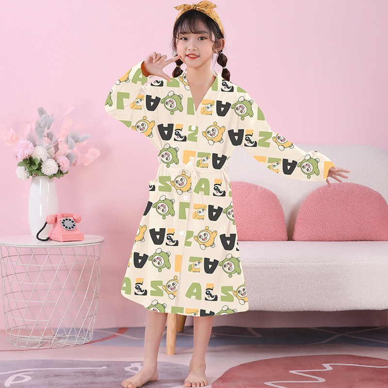女童睡袍长袖春秋夏季款精梳棉儿童浴袍薄款睡衣蛋仔中大童家居服