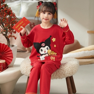 女童红色马年新款睡衣春季纯棉本命年长袖女孩儿童圆领家居服套装
