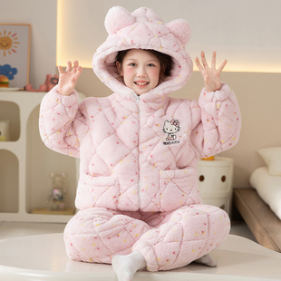 冬季女童睡衣三层夹棉加绒加厚珊瑚绒中大童女孩家居服套装可外穿