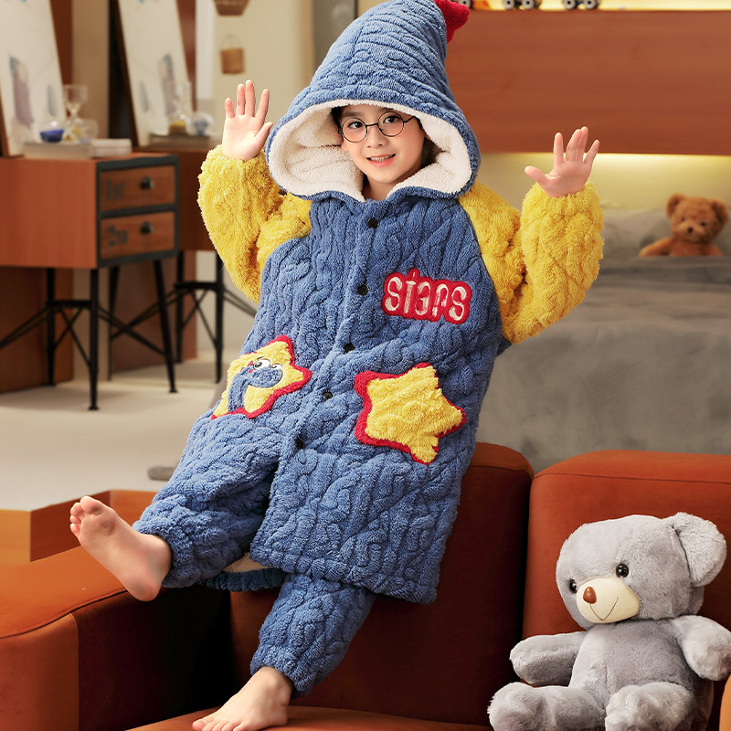 男童睡衣冬季三层夹棉加厚儿童珊瑚绒可外穿卡通中长款家居服睡袍