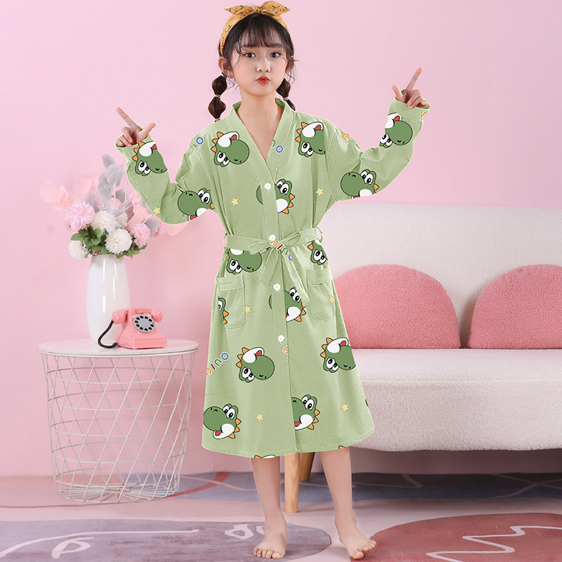 女童睡袍长袖春秋夏款儿童浴袍薄款精梳棉睡衣可爱女中大童家居服