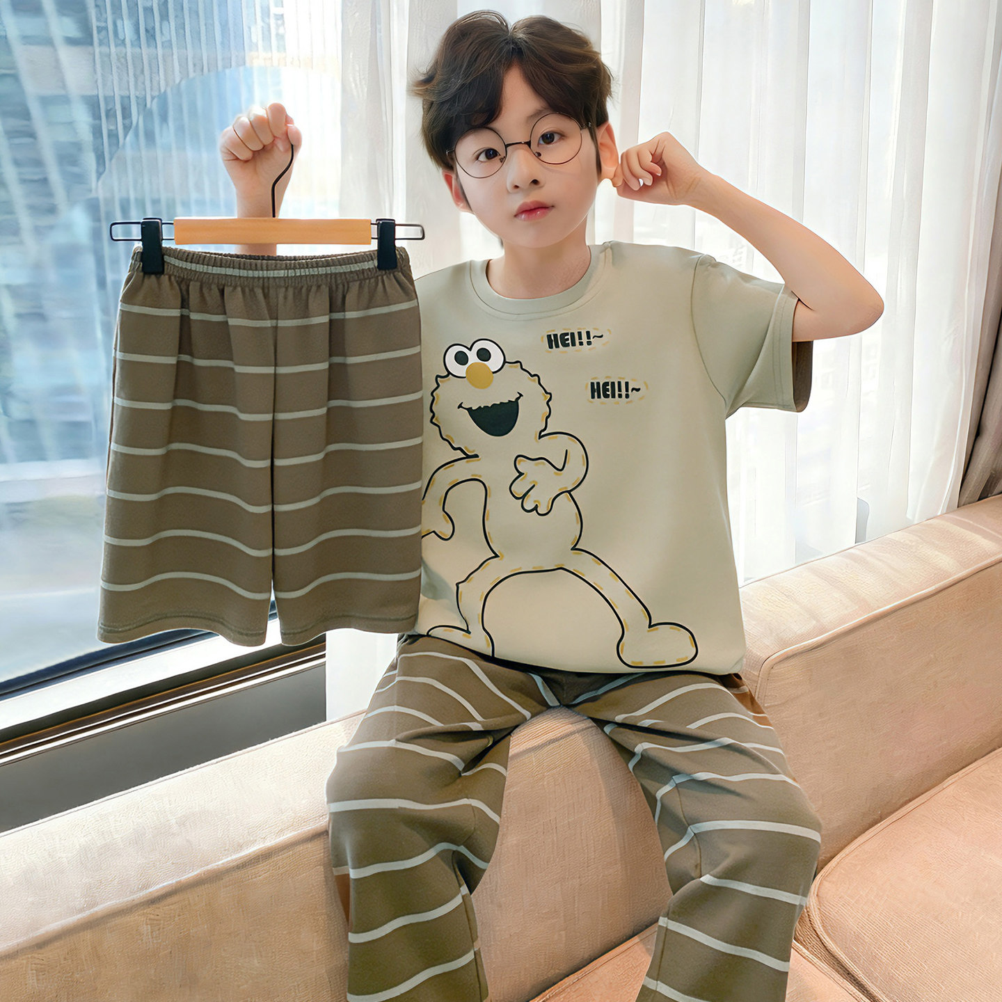 纯棉儿童睡衣2026新款夏季男童短袖长裤款三件套中大童家居服套装