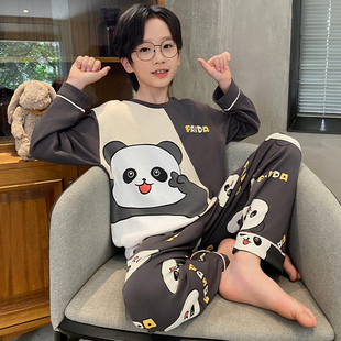 纯棉男童睡衣圆领卡通熊猫中大童男孩长袖春秋新款套头家居服套装