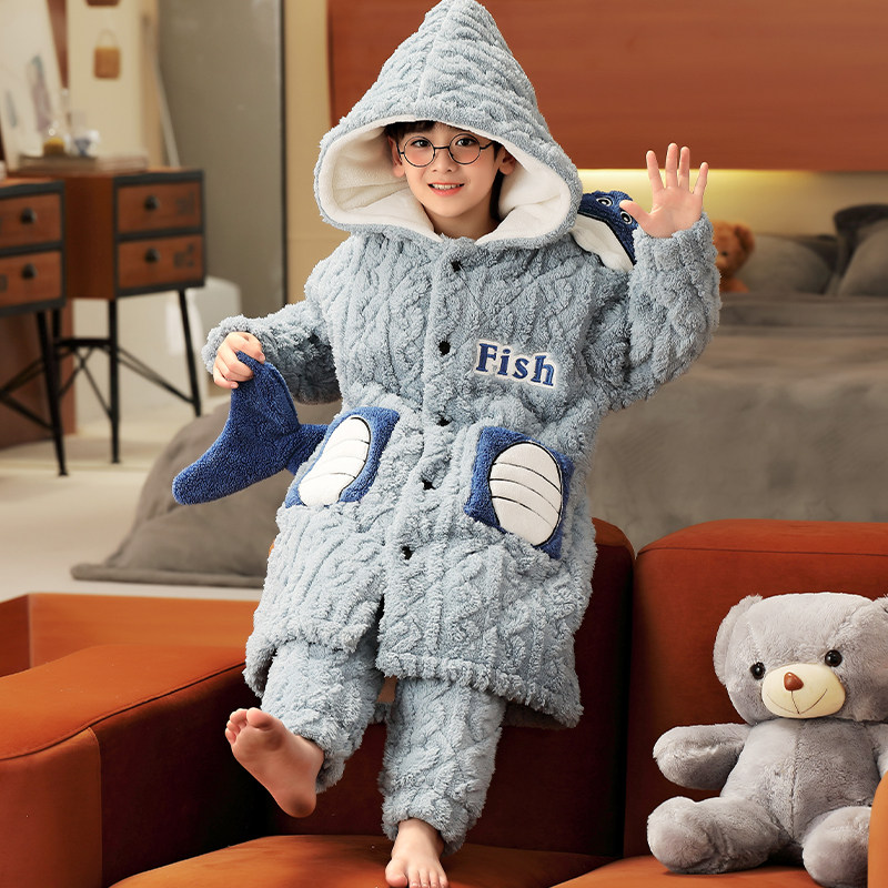 男童睡衣冬季三层夹棉加厚儿童珊瑚绒可外穿男孩中长款家居服睡袍