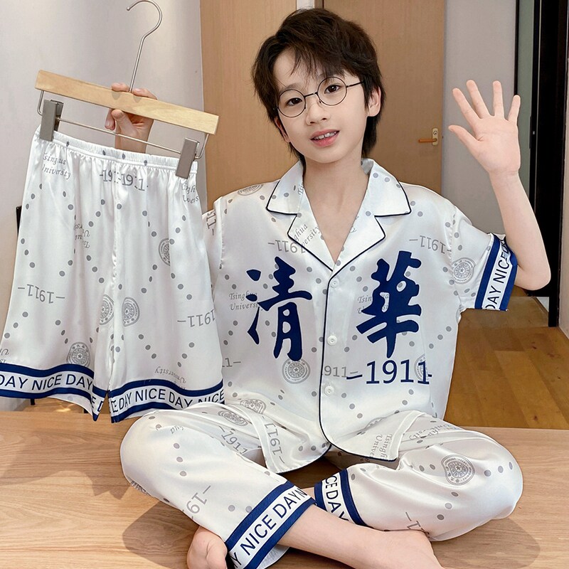 夏季冰丝男童睡衣凉感短袖儿童空调服男孩中大童三件套家居服套装