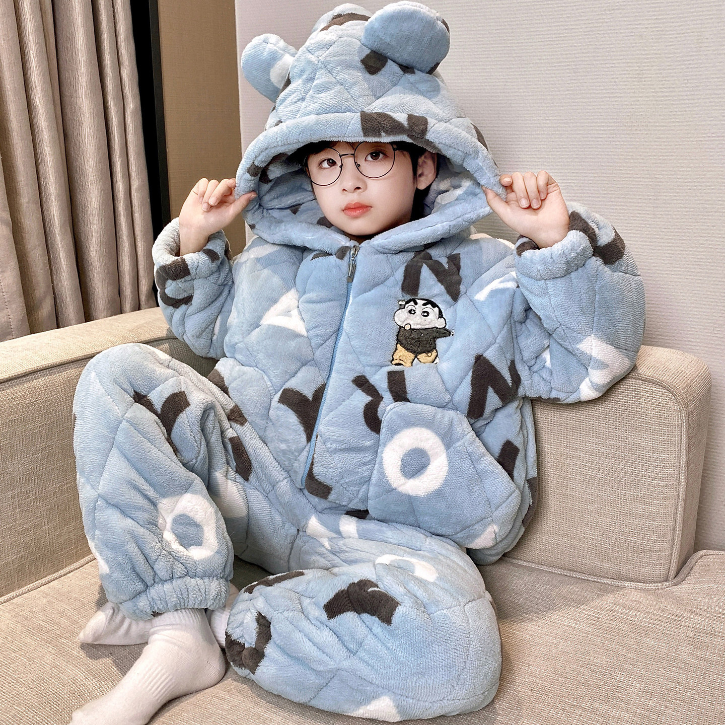 男童睡衣三层夹棉中大童冬季加厚珊瑚绒男孩家居服套装连帽可外穿
