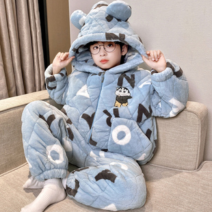 男童睡衣三层夹棉中大童冬季加厚珊瑚绒男孩家居服套装连帽可外穿
