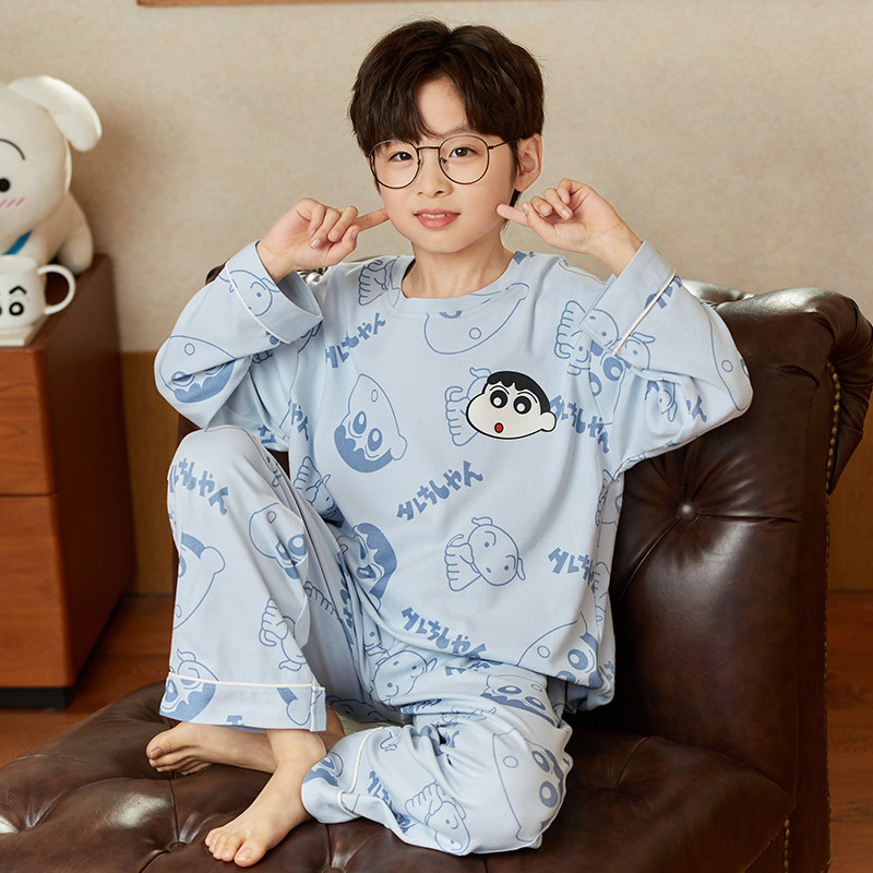 纯棉男童睡衣圆领春秋季新款中大童男孩长袖卡通套头款家居服套装