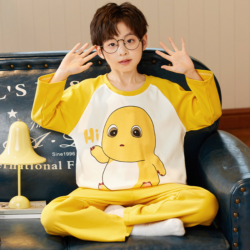 纯棉男童睡衣圆领春秋季新款中大童男孩奶龙长袖套头款家居服套装