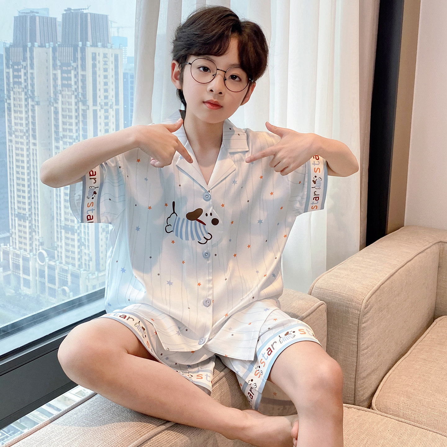 儿童冰丝睡衣2026新款男童夏季空调服短袖中大童腊肠狗家居服套装