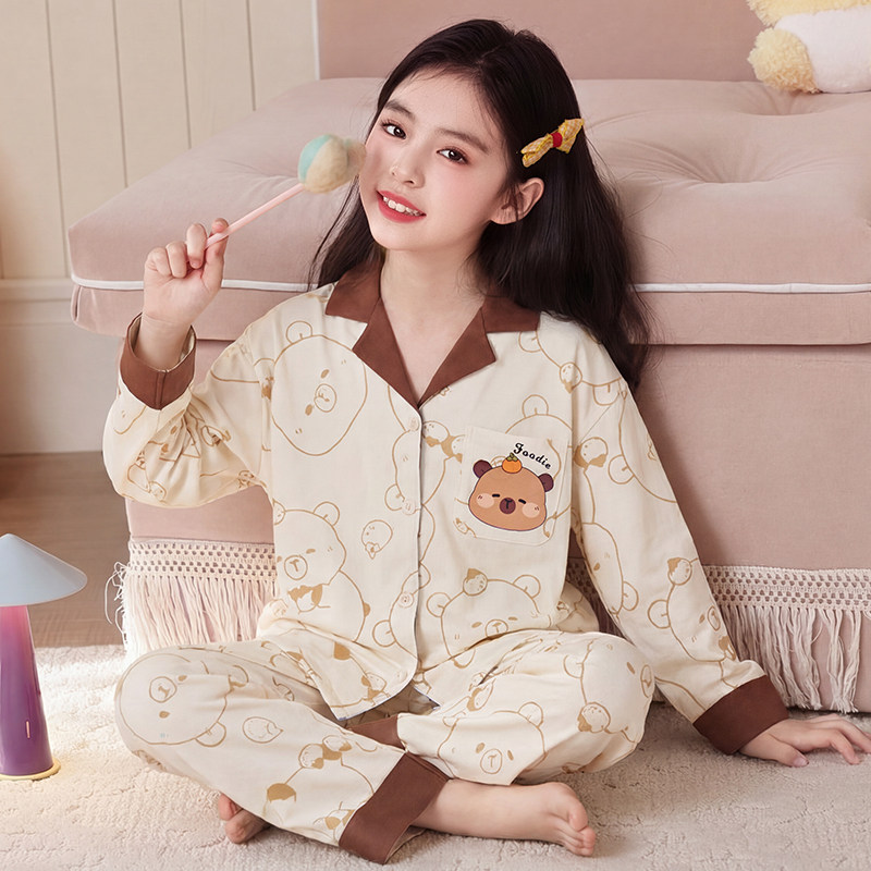 女童精梳棉睡衣儿童春秋新款长袖开衫套装中大童6-12岁女孩家居服