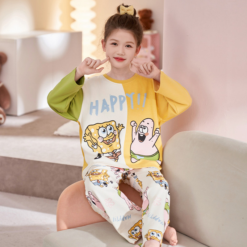 2026春秋季新款女童睡衣纯棉中大童海绵宝宝套装6-12岁套头家居服