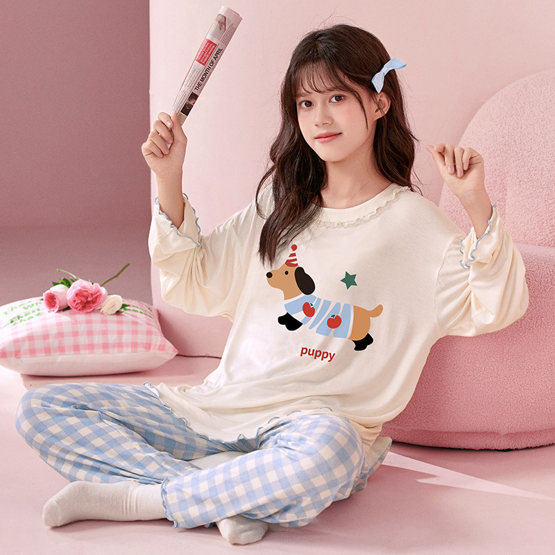 女童睡衣春秋季款莫代尔长袖腊肠狗可爱中大童圆领家居服韩版套装