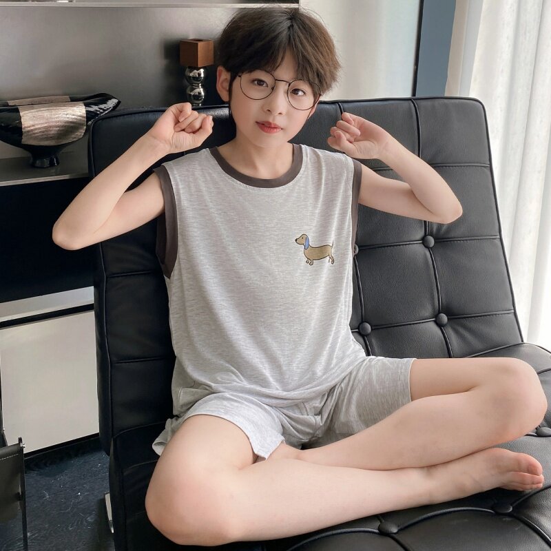 儿童睡衣夏季新款背心家居服无袖莫代尔空调服男童卡通中大童套装