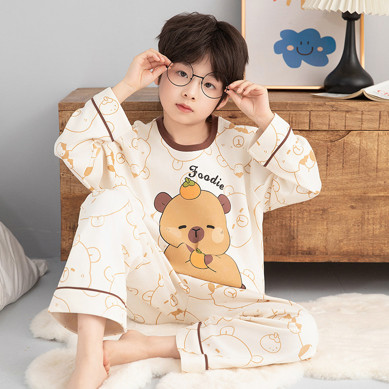 纯棉男童睡衣圆领春秋季新款中大童男孩卡皮巴拉套头款家居服套装