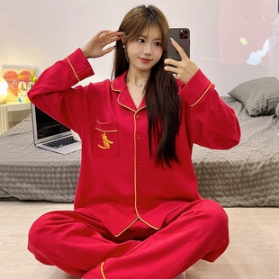 女童睡衣初中生红色新款春秋季纯棉长袖本命年儿童翻领家居服套装