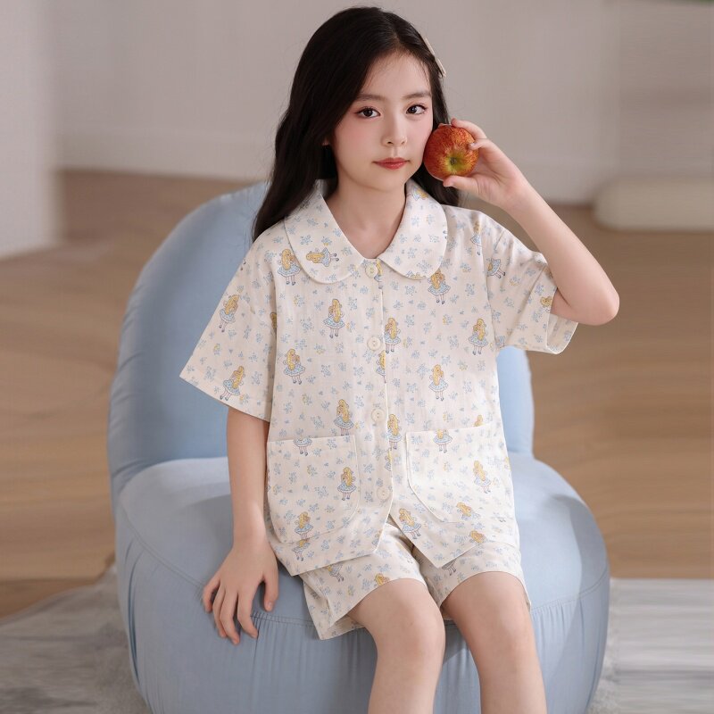 女童睡衣2026夏季新款纯棉短袖薄款休闲棉纱中大童女孩家居服套装