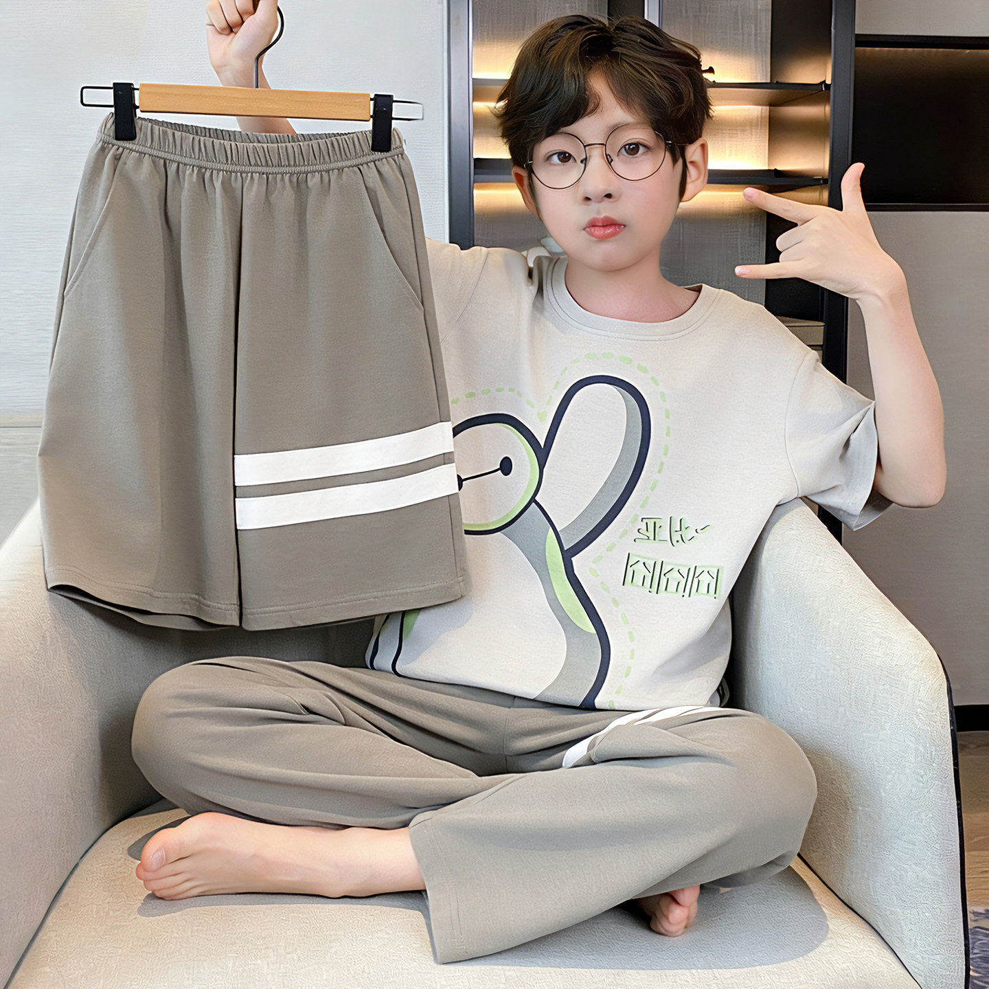 儿童睡衣新款夏季男童短袖纯棉薄款套装大白三件套小中大童家居服