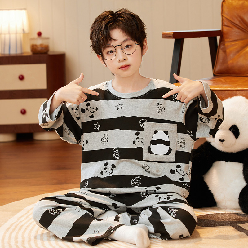 纯棉男童家居服套装圆领春秋季新款男孩长袖春秋款套头中大童睡衣