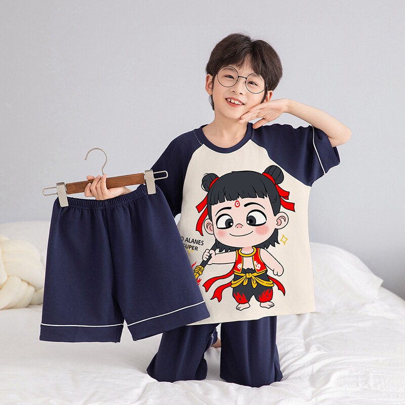 儿童新款睡衣夏季男童纯棉三件套短袖薄款男孩哪吒卡通家居服套装