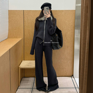 韩版松驰感时尚毛衣套装休闲宽松毛毛领外套+针织直筒裤两件套冬