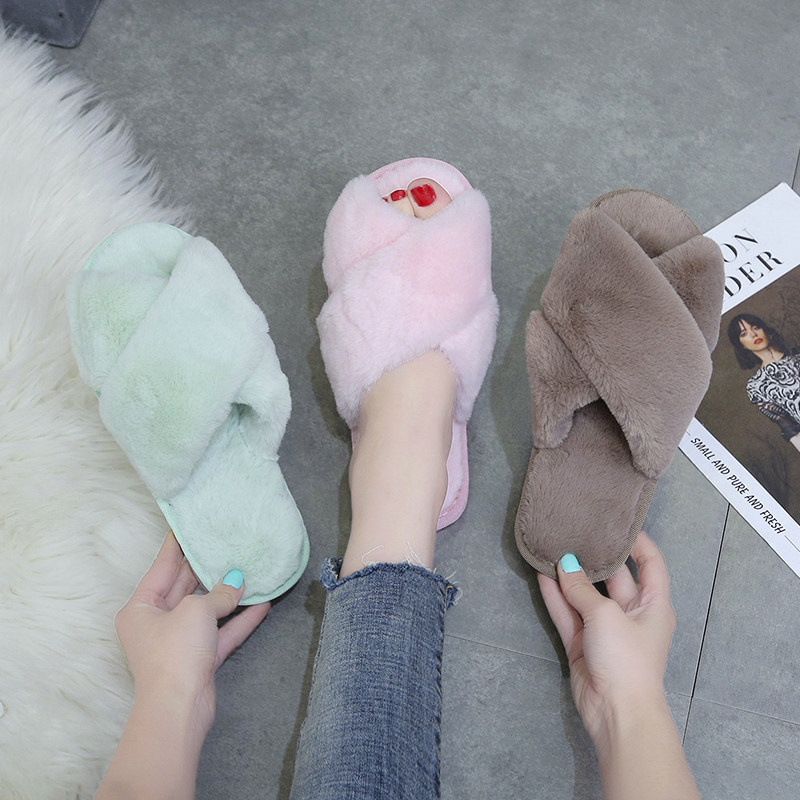 交叉毛毛拖鞋女冬季居家室内平底防滑保暖露趾一字毛绒拖鞋地板拖,女鞋,毛毛鞋,淘宝优惠券,粉丝福利购,淘宝优惠卷