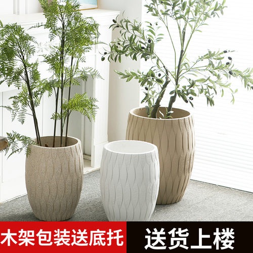 北欧镁泥落地花盆极简现代软装花器客厅腰鼓款民宿商场别墅摆件
