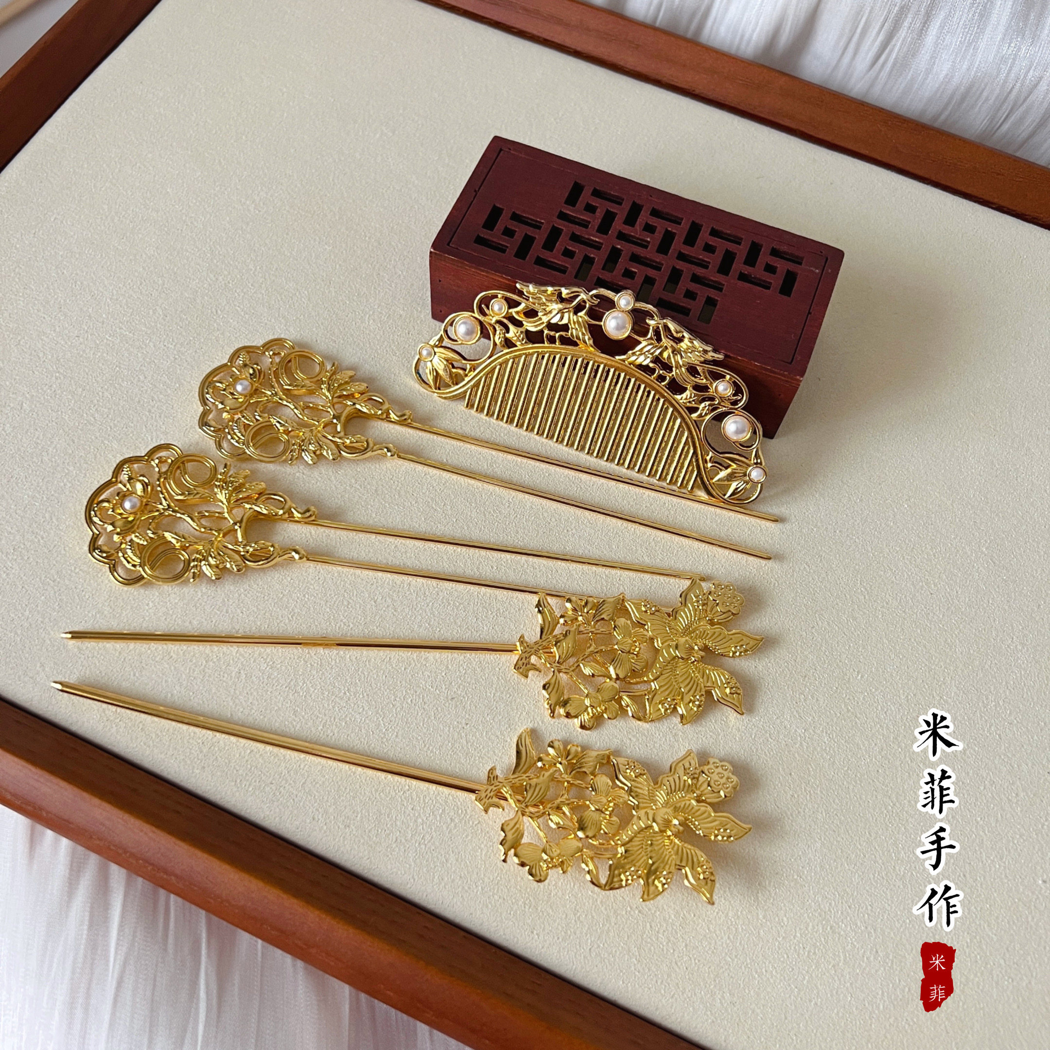 米菲娅手工唐风供养人盘发头饰汉服襦裙国风神仙图珍珠发梳配饰