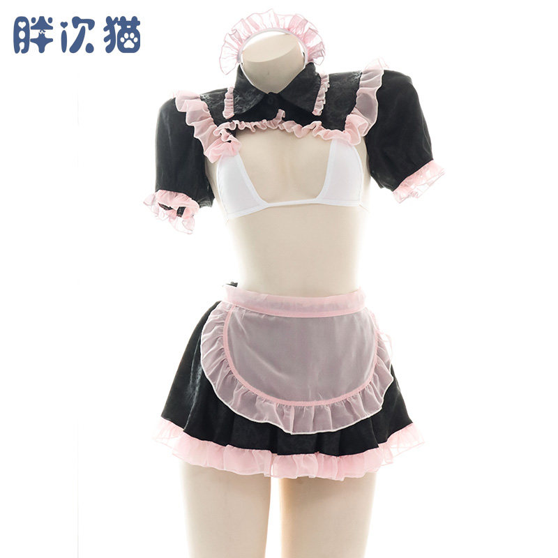 半透黑甜女仆套装 性感雪纺透明睡裙家居服暗纹内衣睡衣