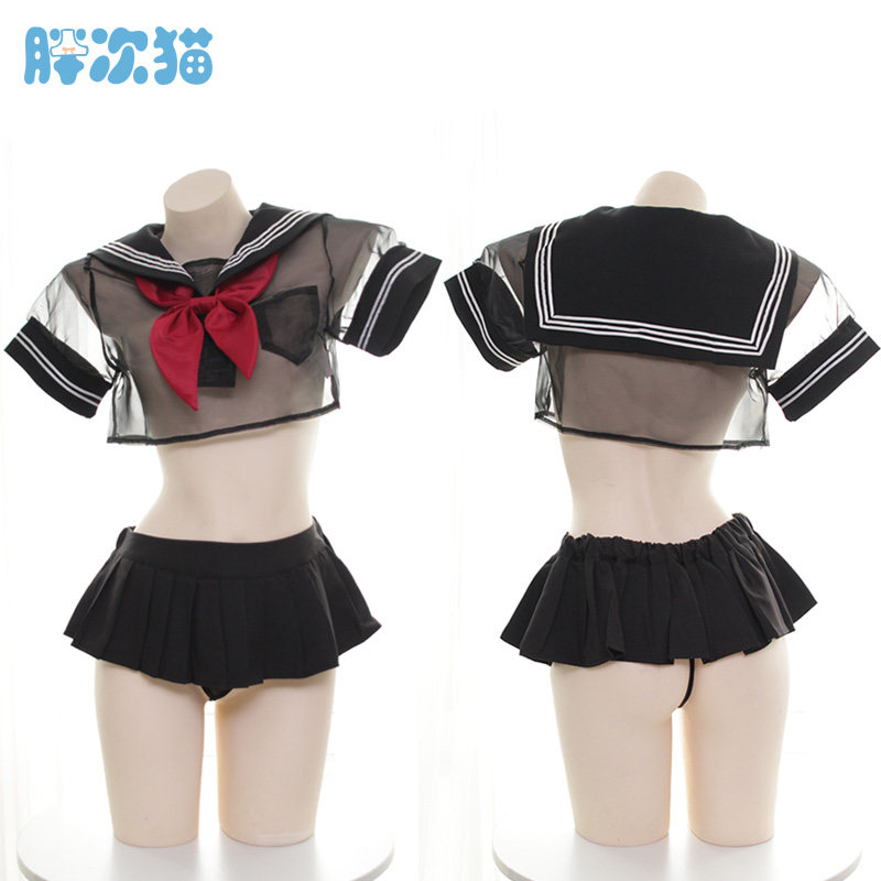 火辣学生装~透明网纱水手服睡衣套装 日系学生睡裙私房内衣