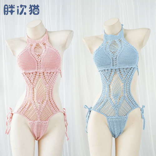 钩针连体泳衣性感泳装绑带露背