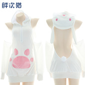 原创猫爪毛绒卫衣 性感连帽小猫咪套装 露背家居服cos猫娘服