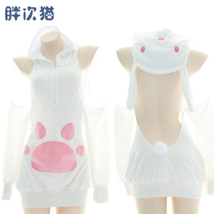 原创猫爪毛绒卫衣 性感连帽小猫咪套装露背家居服cos猫娘服
