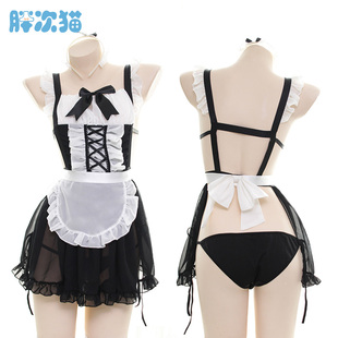 太性感惹~蝴蝶结女仆套装睡裙蕾丝边女佣服睡衣露背半透家居服