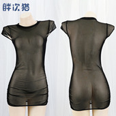 网纱半透连衣裙T恤 性感透明超短包臀裙睡衣睡裙半透私房家居服