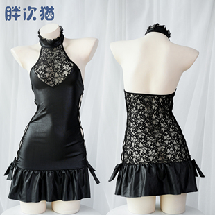 【清仓】低胸漆皮女王连衣裙 蕾丝半透性感紧身露背睡裙皮革女仆