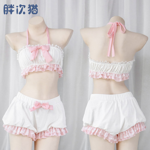 蝴蝶结灯笼裤抹胸套荷叶边睡衣