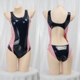 温泉私房亮面水着 撞色性感连体泳装 皮革写真泳衣 高品质二次元