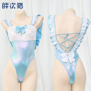 高叉镭射露背泳衣 性感蝴蝶结连体水着私房拍照泳装睡衣家居服