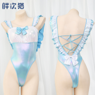 高叉镭射露背泳衣连体水着