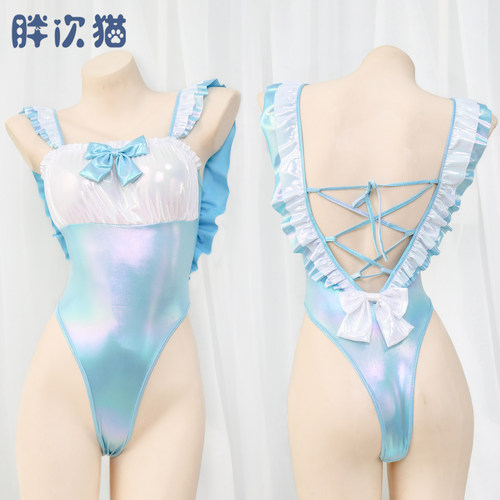 高叉镭射露背泳衣连体水着