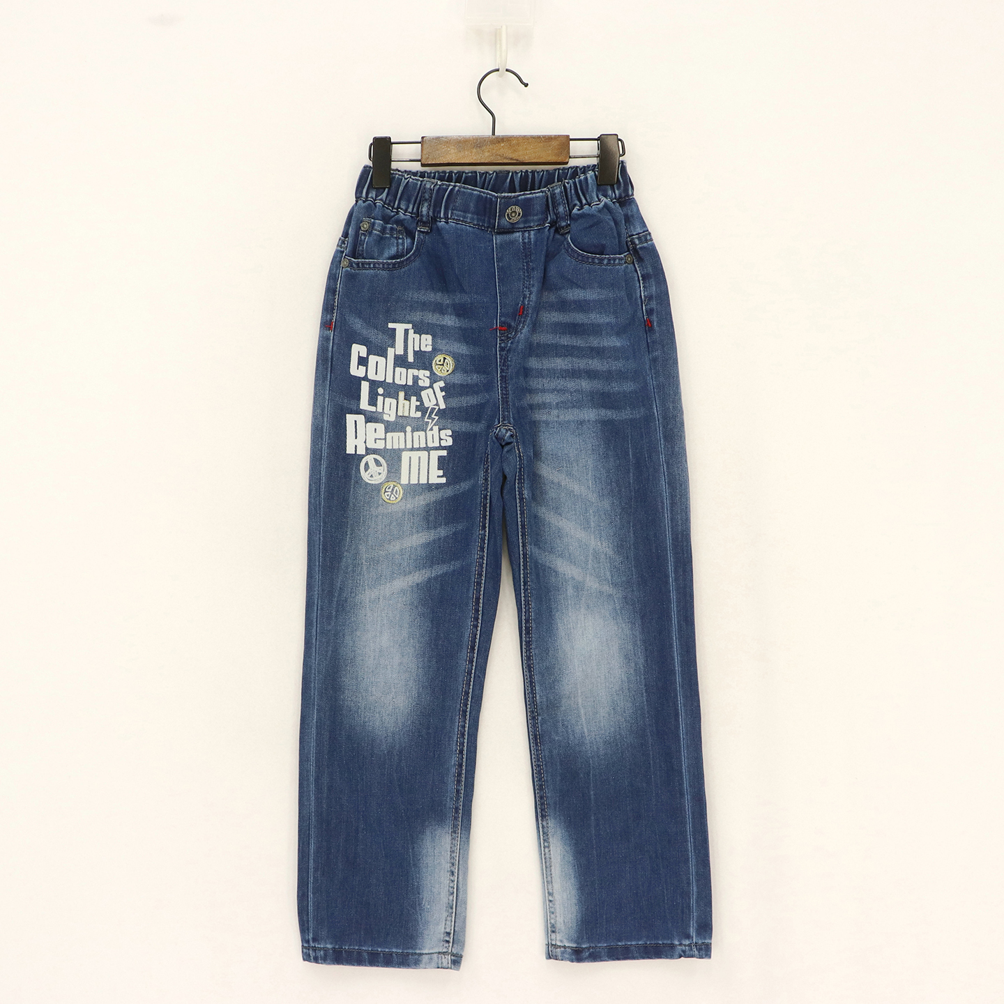 后裤腿金丝刺绣白字母胶印牛仔裤