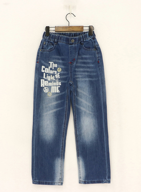 B春秋款童装   男童后裤腿金丝刺绣白字母胶印牛仔裤  D2H