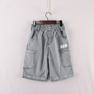 夏款童装    大童左侧白字母莱赛尔弹力牛仔卷边五分裤    8A-3-1